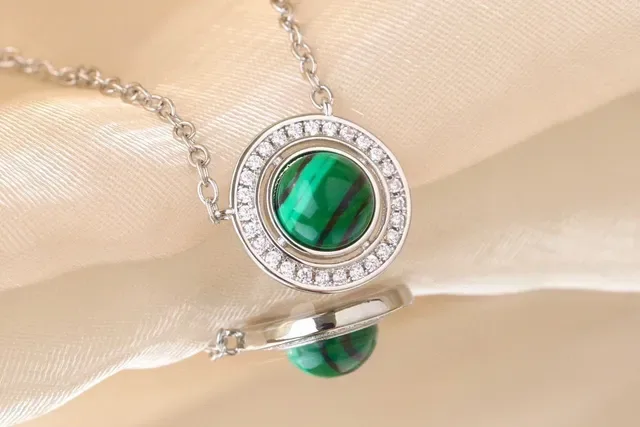 Malachite Cabochon Halo Pendant Necklace 2