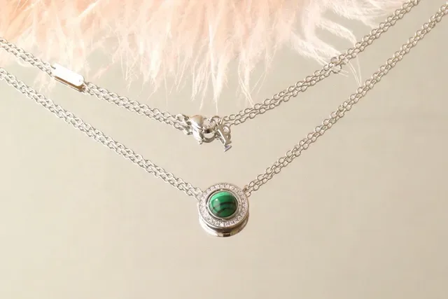 Malachite Cabochon Halo Pendant Necklace 7