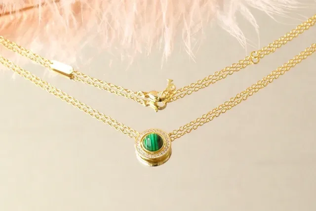 Malachite Cabochon Halo Pendant Necklace 8