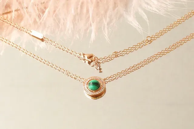Malachite Cabochon Halo Pendant Necklace 9