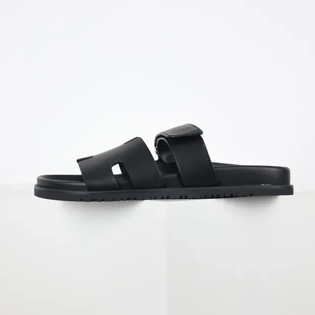 Matte Black Dual-Strap Cutout Slide Casual Sandals 9