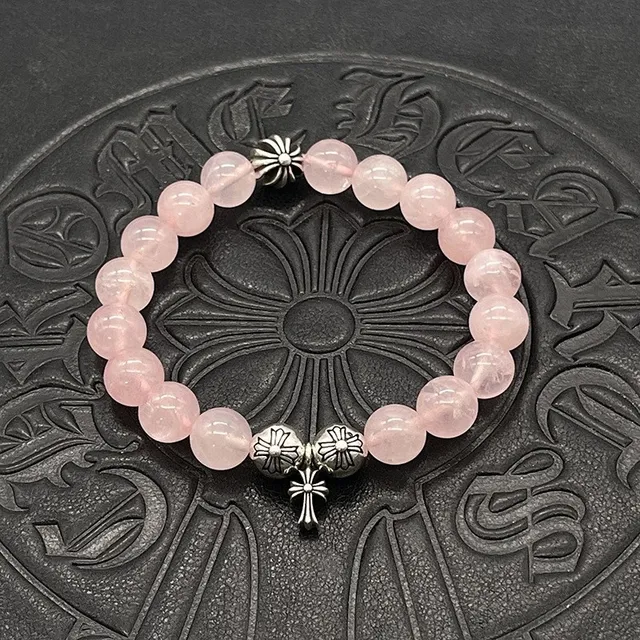 Matte Pink Bead and Gold Fleur-de-Lis Stretch Bracelet 3