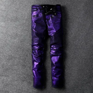Metallic Purple Moto-Style Ribbed Panel Pants