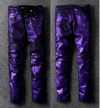 Metallic Purple Moto-Style Ribbed Panel Pants 2