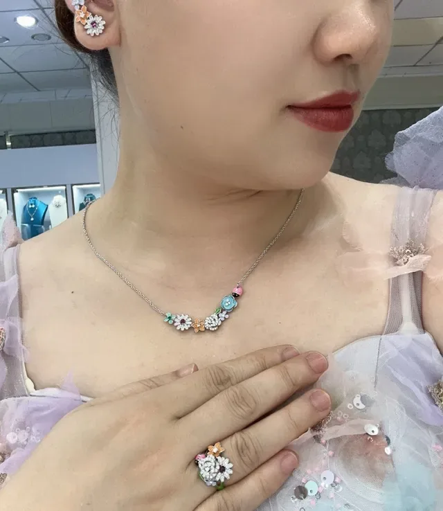 Multicolor Enamel Floral Crystal Pendant Necklace 2