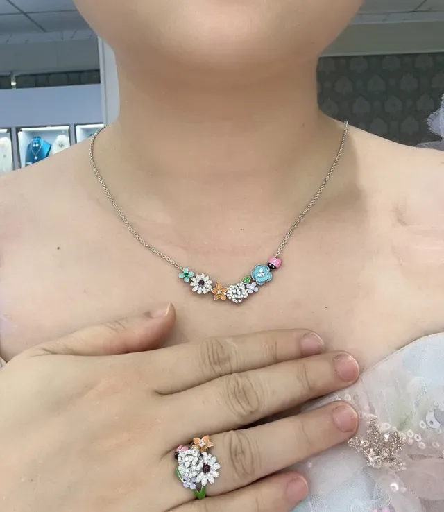 Multicolor Enamel Floral Crystal Pendant Necklace 6