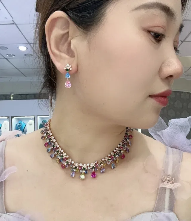 Multicolor Teardrop Gemstone Pavé Collar Necklace 2
