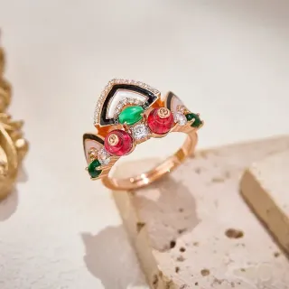 Multistone Enamel and Pavé Diamond Asymmetrical Geometric Ring