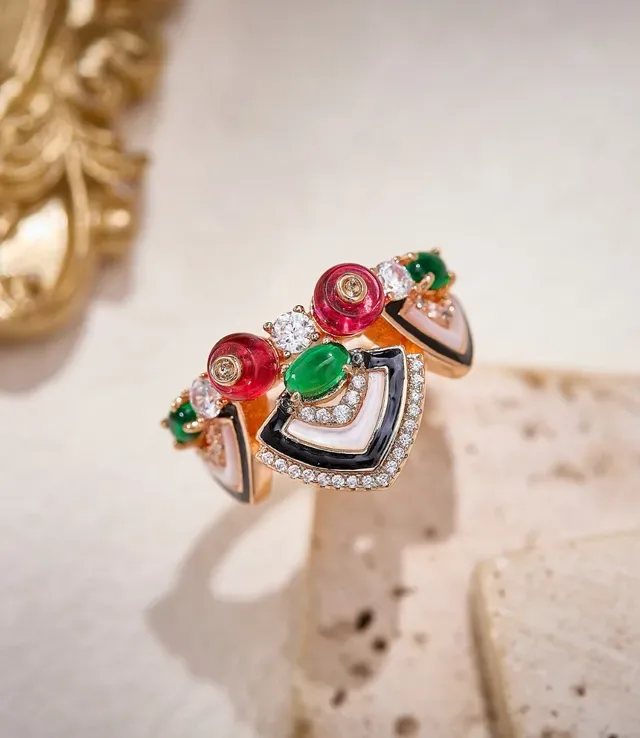 Multistone Enamel and Pavé Diamond Asymmetrical Geometric Ring 3