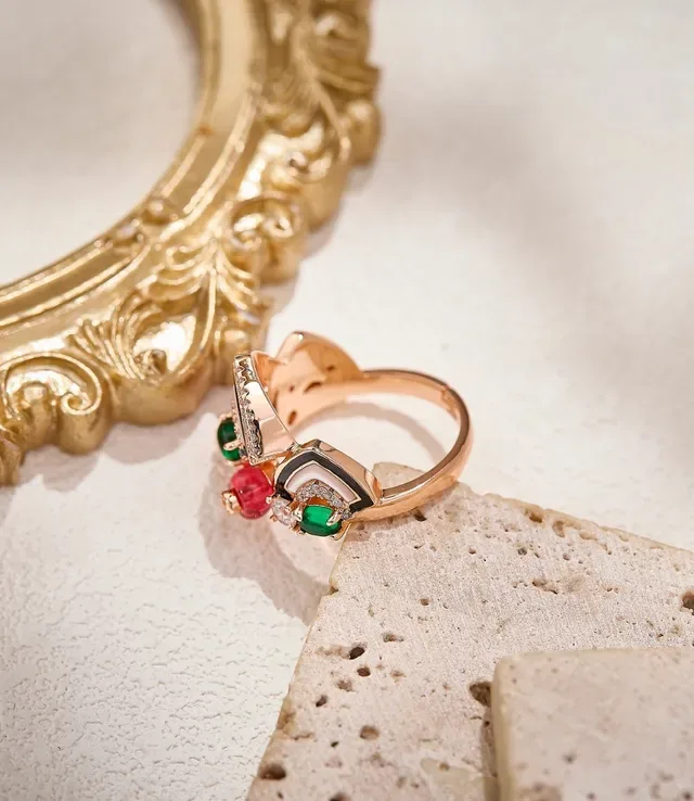 Multistone Enamel and Pavé Diamond Asymmetrical Geometric Ring 4