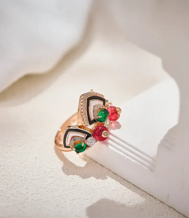 Multistone Enamel and Pavé Diamond Asymmetrical Geometric Ring 5