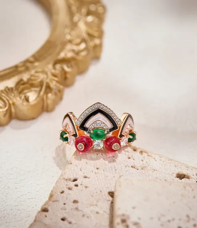 Multistone Enamel and Pavé Diamond Asymmetrical Geometric Ring 6