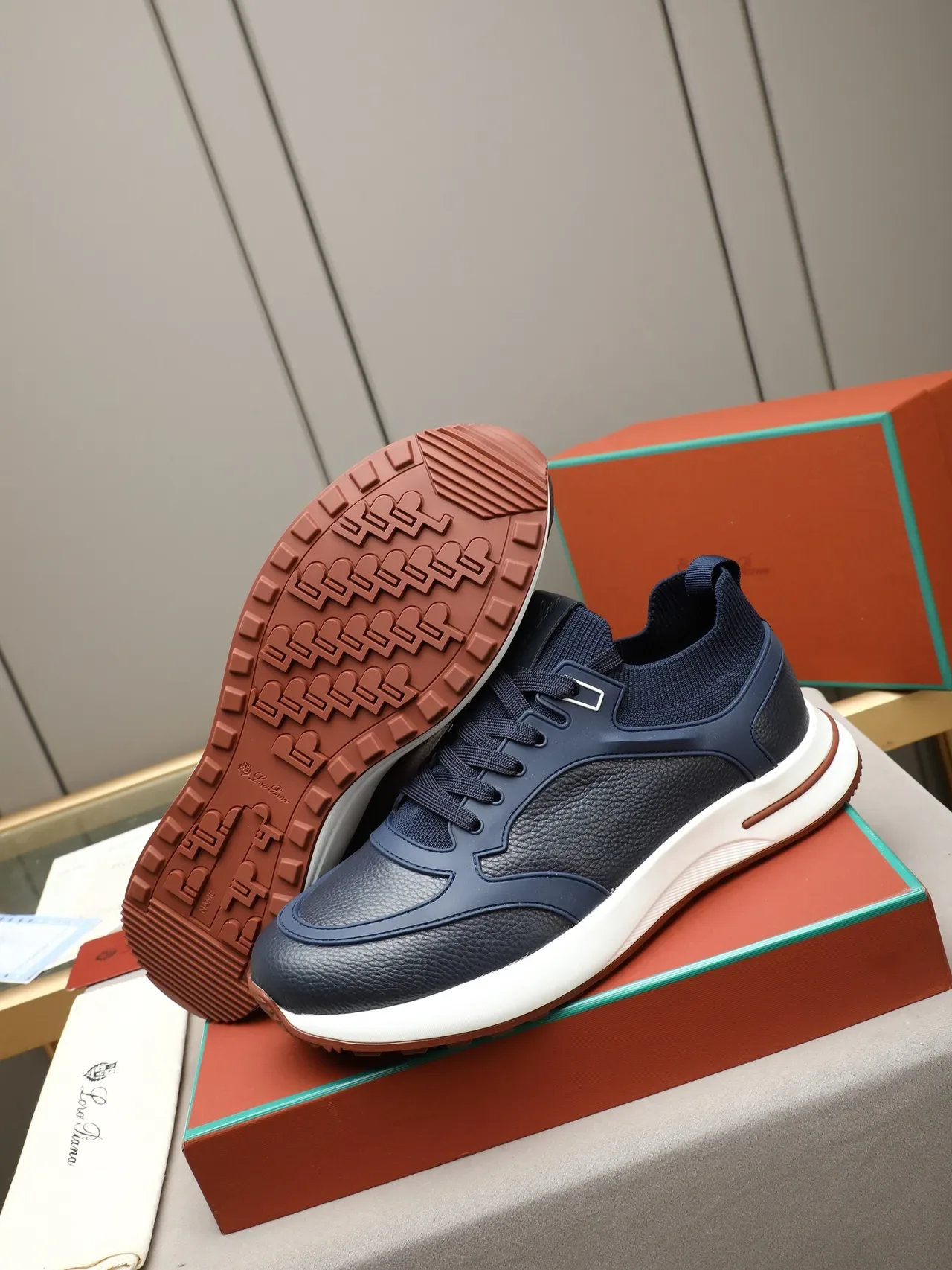 Navy Brown Knit Collar Pebbled Leather Panel Sneakers 5