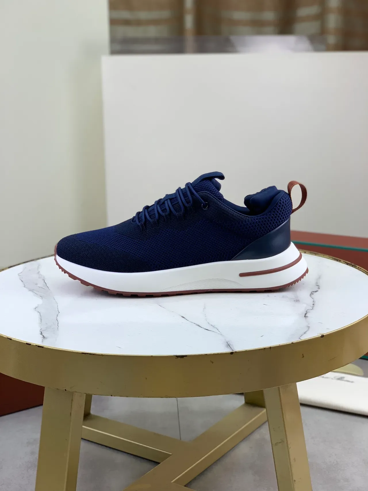 Navy Brown Knit Mesh Upper White Contrast Midsole Sneakers 5