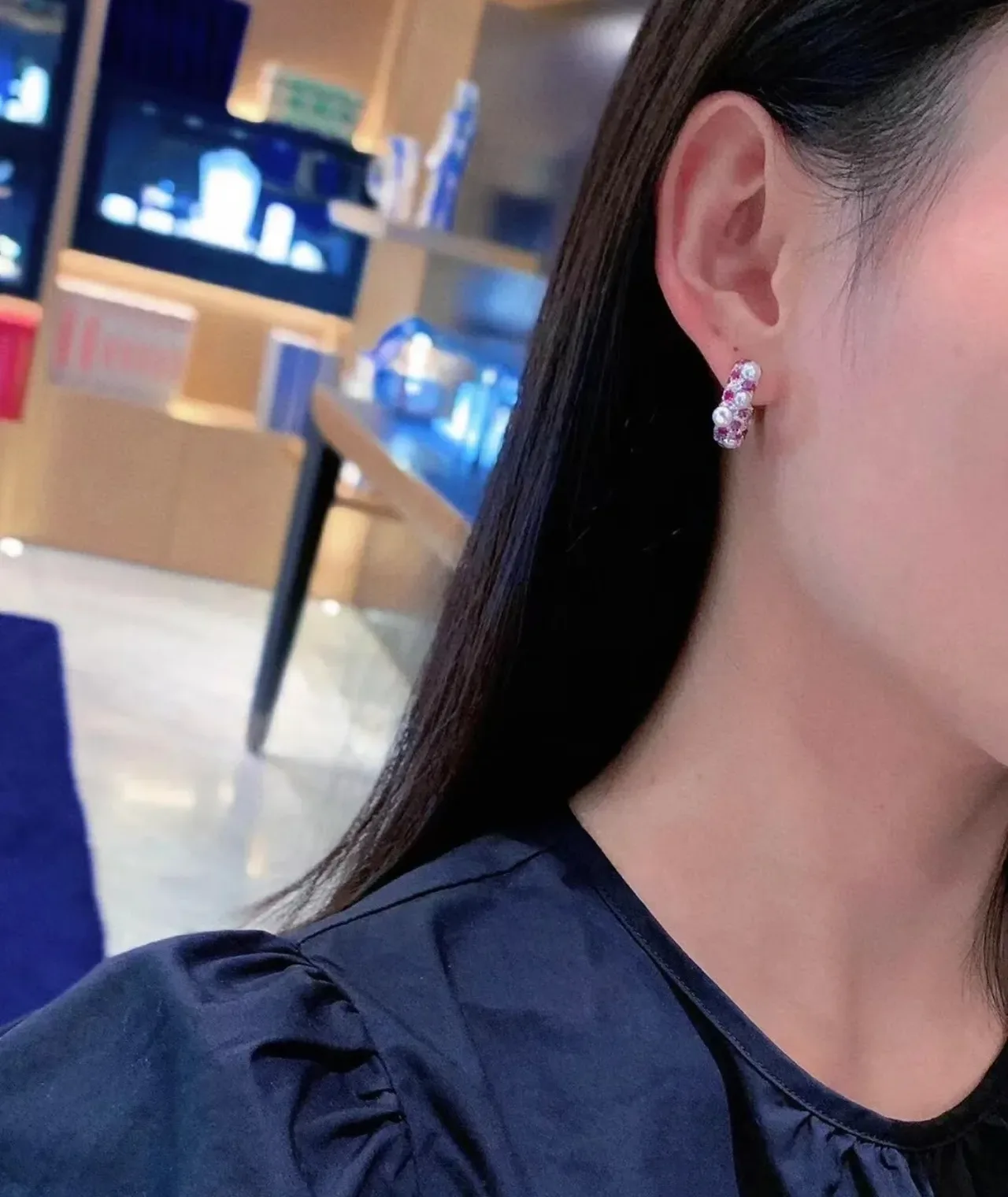 Navy Gold Hoop Pearl-Embellished Earrings 4