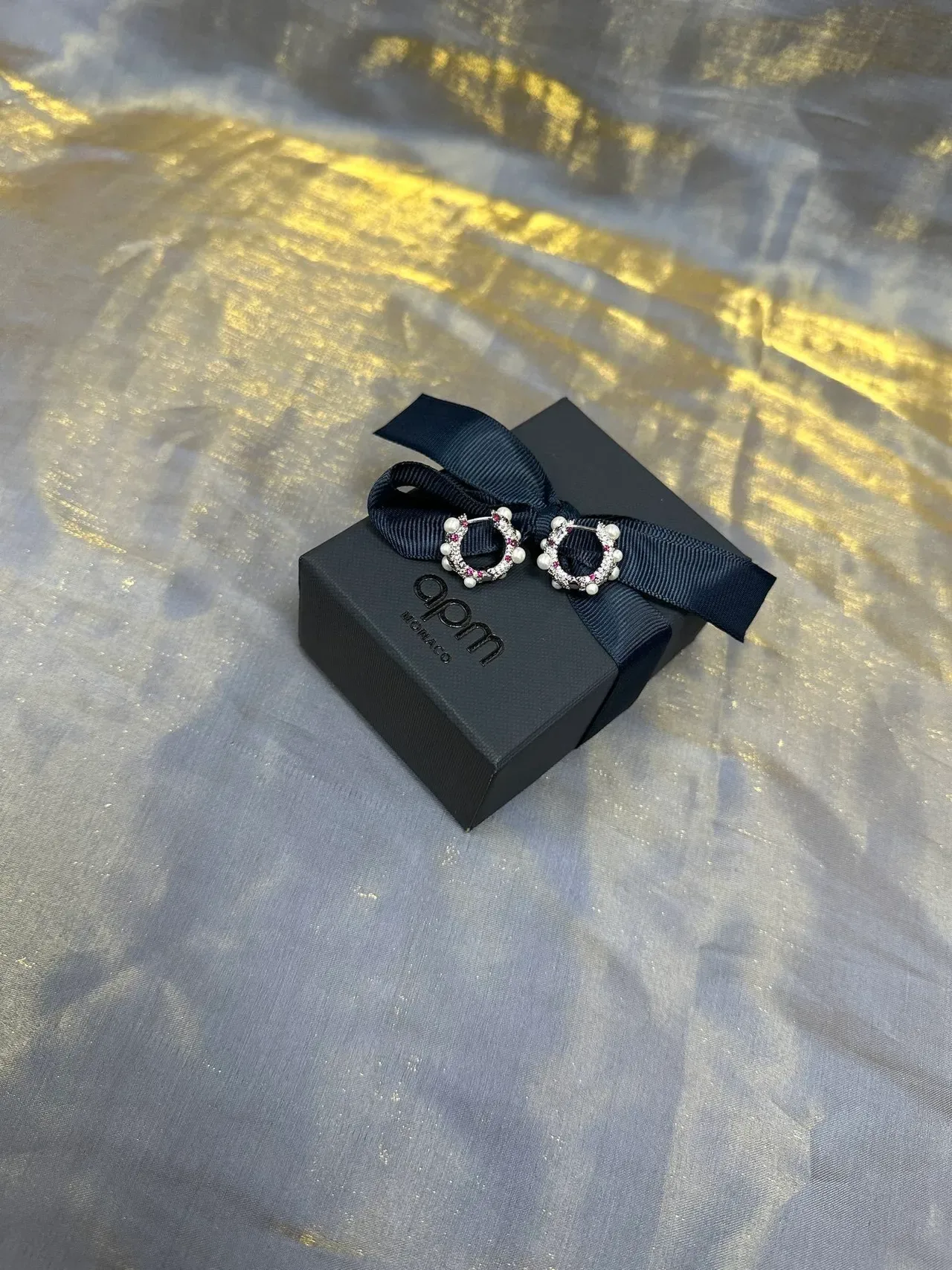 Navy Gold Hoop Pearl-Embellished Earrings 7