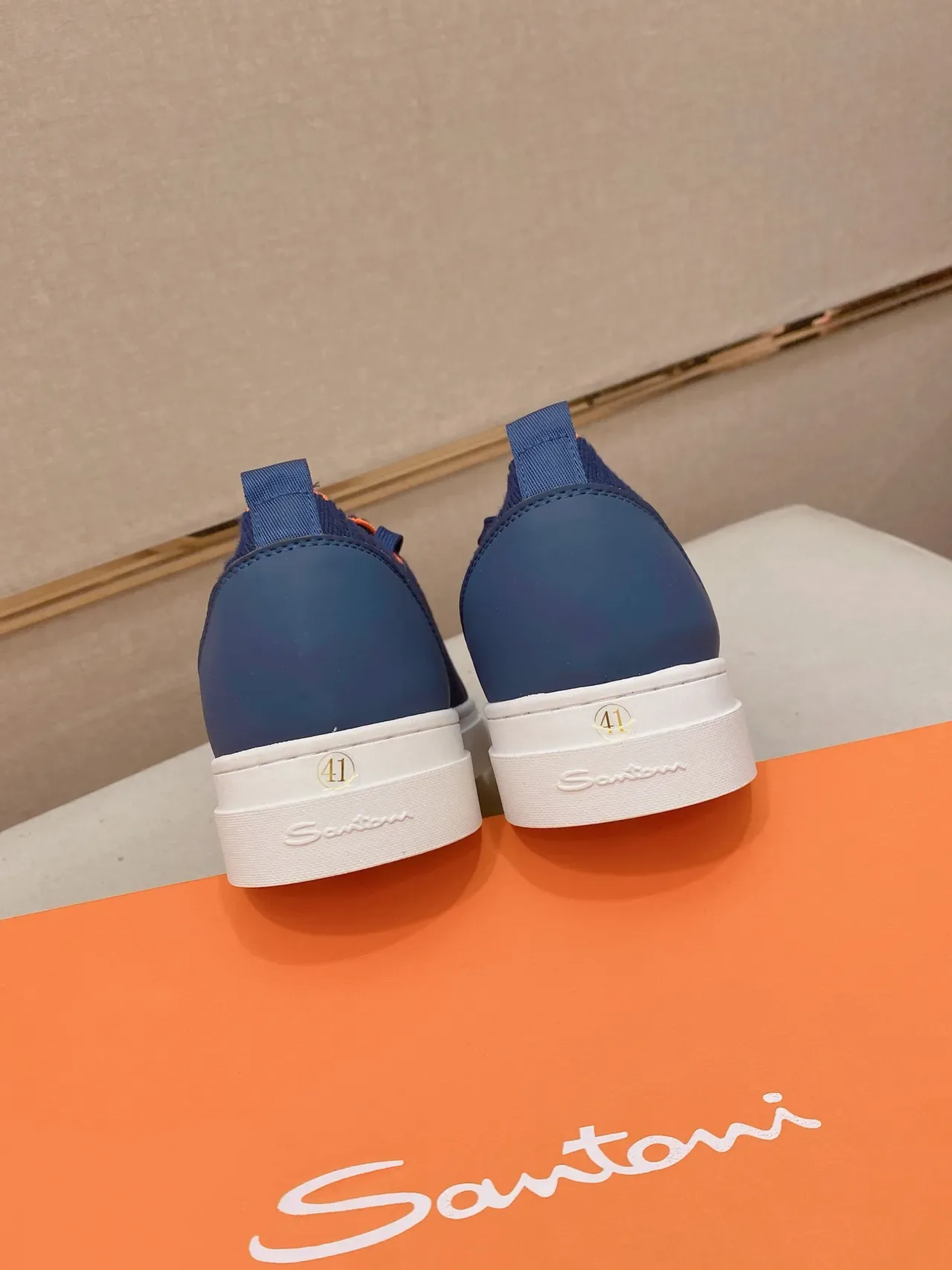 Navy Orange Knit Upper Sock-Fit Collar Sneakers 3