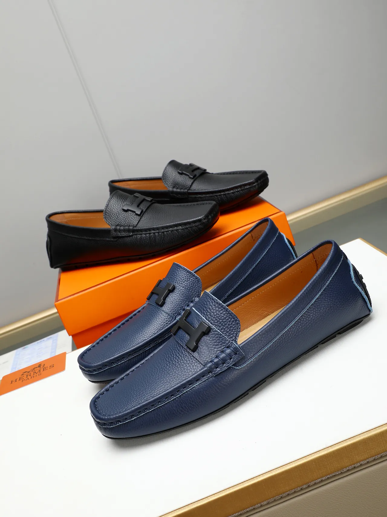 Navy Pebbled Leather H-Buckle Slip-On Loafer 2