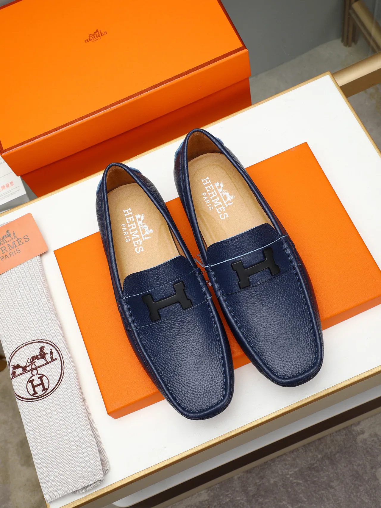 Navy Pebbled Leather H-Buckle Slip-On Loafer 3