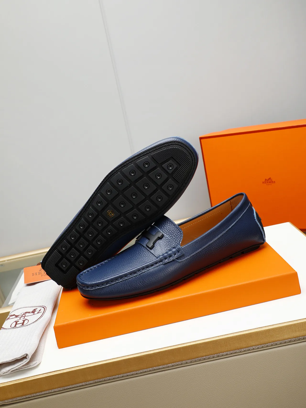 Navy Pebbled Leather H-Buckle Slip-On Loafer 4
