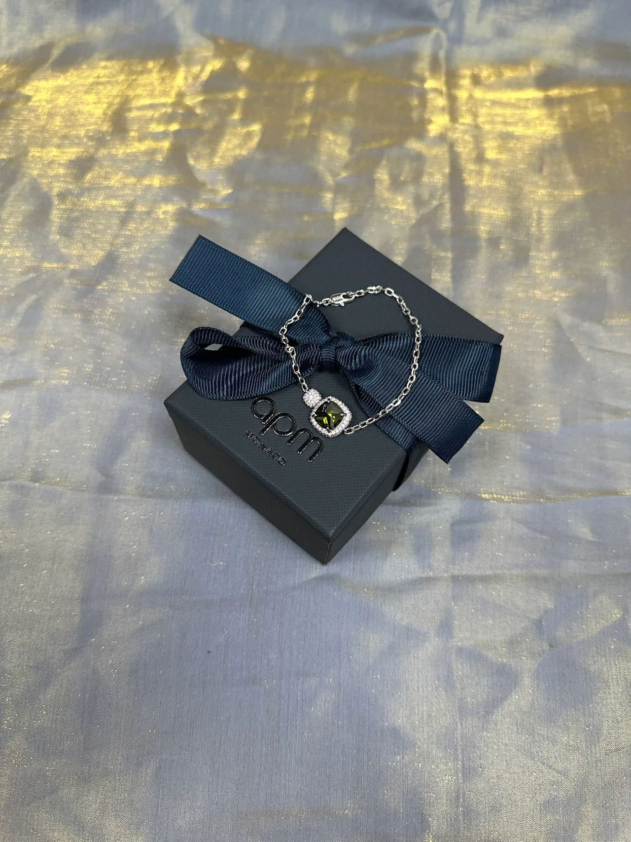 Navy Silver Chain Link Cushion-Cut Green Gemstone Bracelet 5