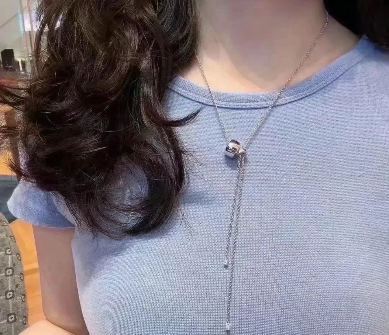 Navy Silver Fine Curb Chain Cubic Pendant Necklace 3
