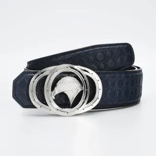 Navy Silver Hexagonal Embossed Sculpted Eagle Head Buckle Leather Belt
