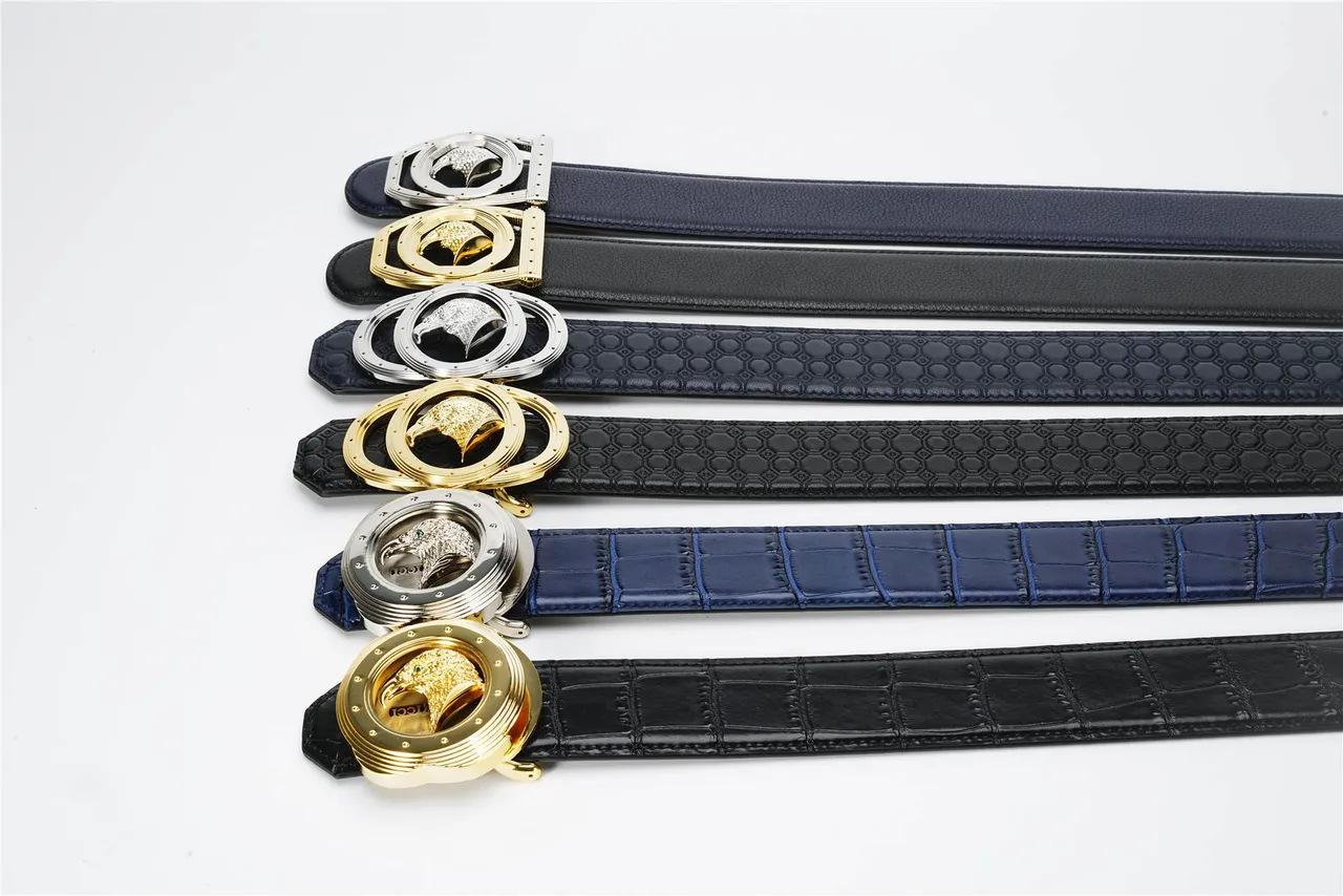 Navy Silver Hexagonal Embossed Sculpted Eagle Head Buckle Leather Belt 2