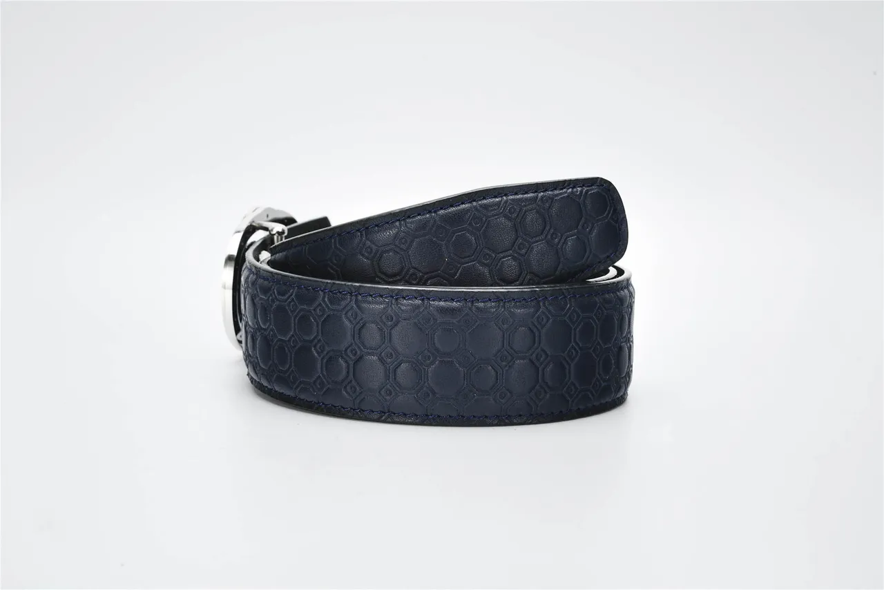 Navy Silver Hexagonal Embossed Sculpted Eagle Head Buckle Leather Belt 3
