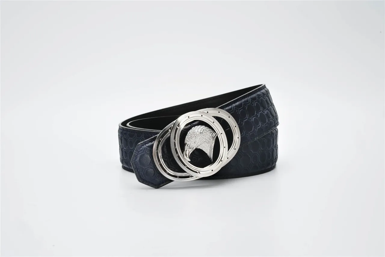 Navy Silver Hexagonal Embossed Sculpted Eagle Head Buckle Leather Belt 4