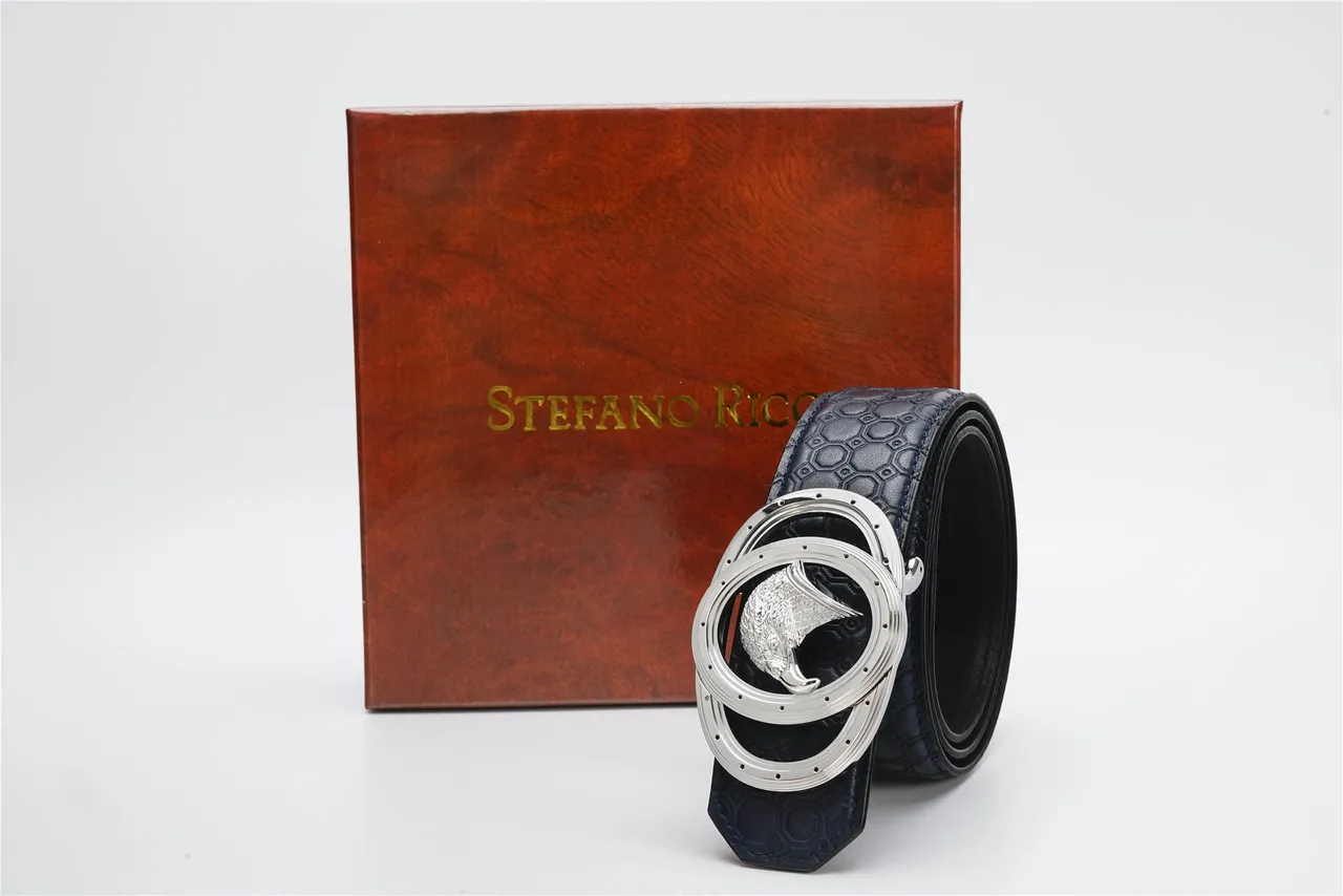 Navy Silver Hexagonal Embossed Sculpted Eagle Head Buckle Leather Belt 6