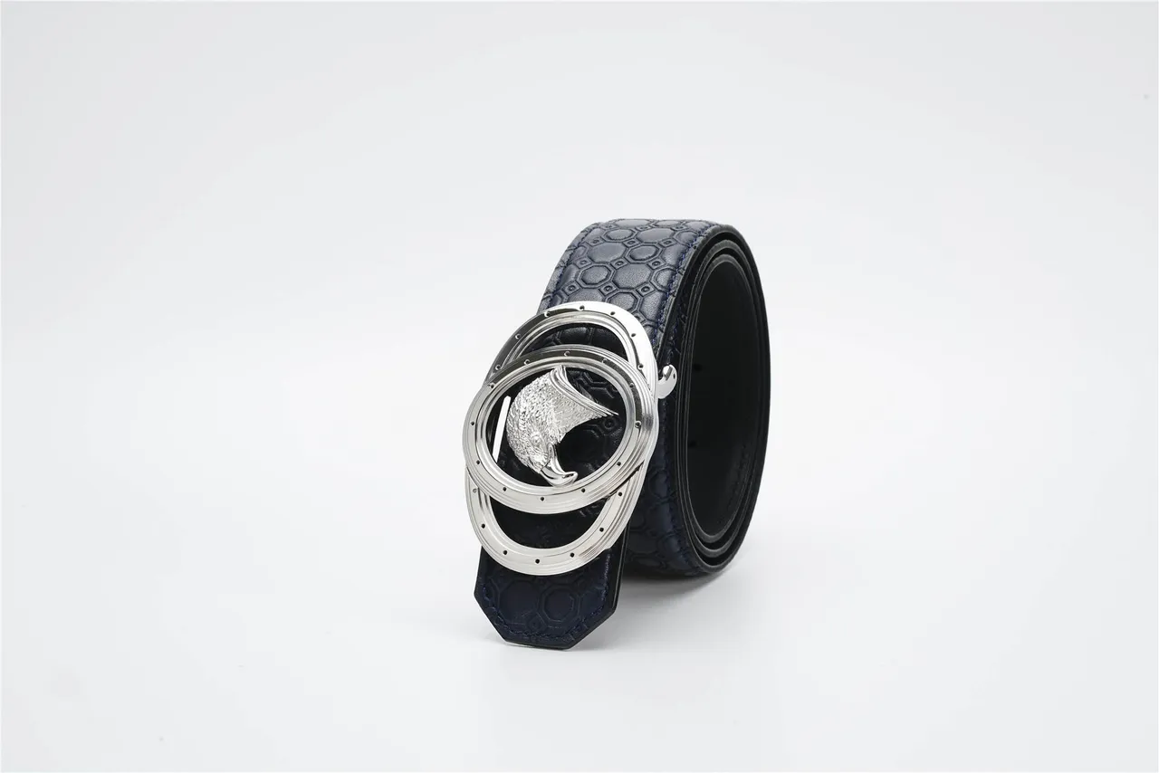 Navy Silver Hexagonal Embossed Sculpted Eagle Head Buckle Leather Belt 7