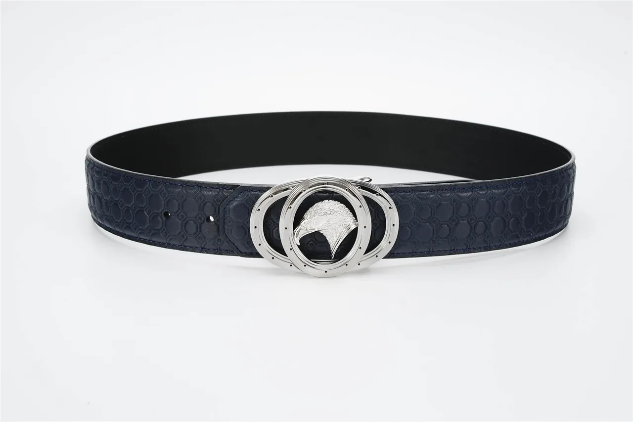 Navy Silver Hexagonal Embossed Sculpted Eagle Head Buckle Leather Belt 9