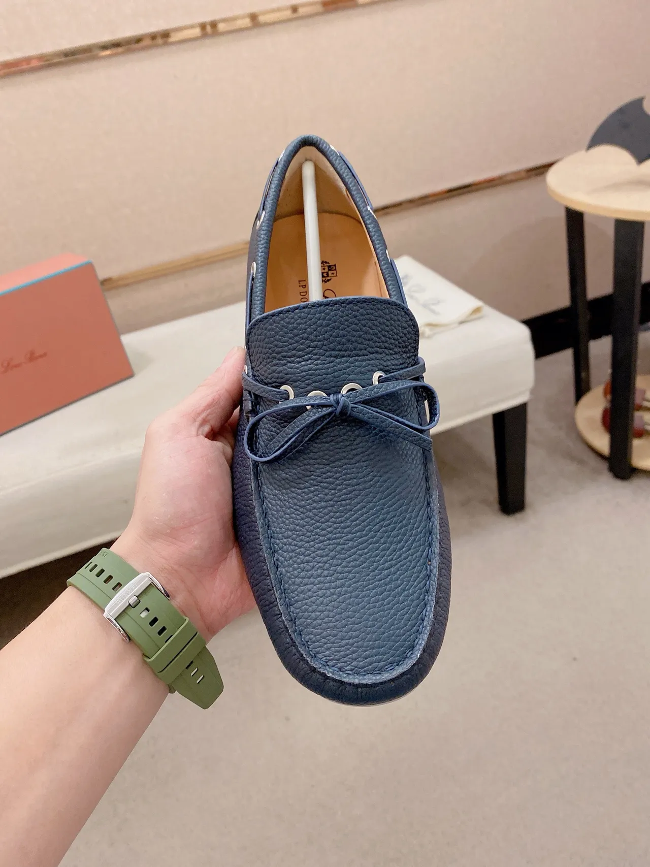 Navy White Pebbled Leather Moc-Toe Construction Boat Shoes 2