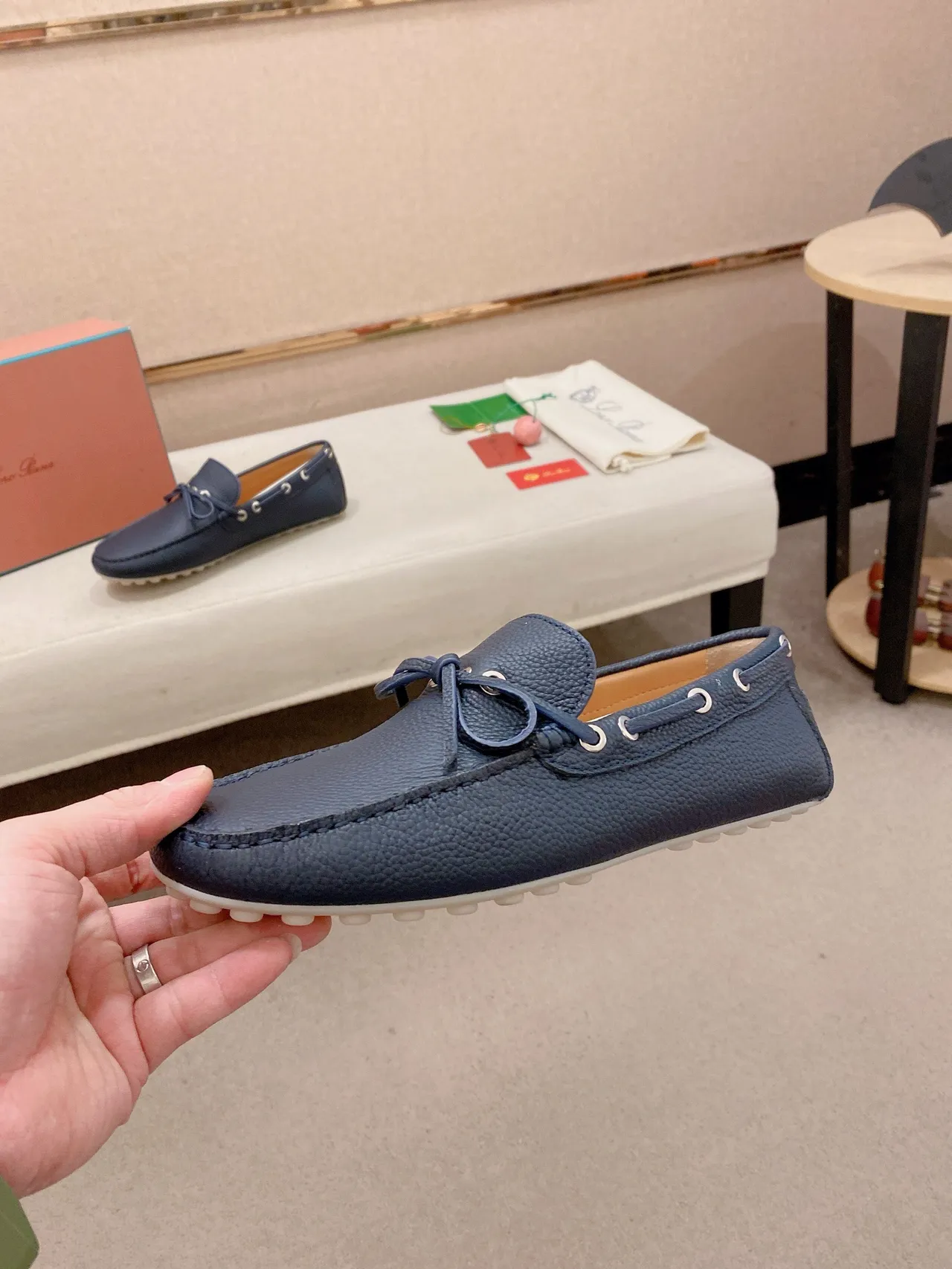 Navy White Pebbled Leather Moc-Toe Construction Boat Shoes 3