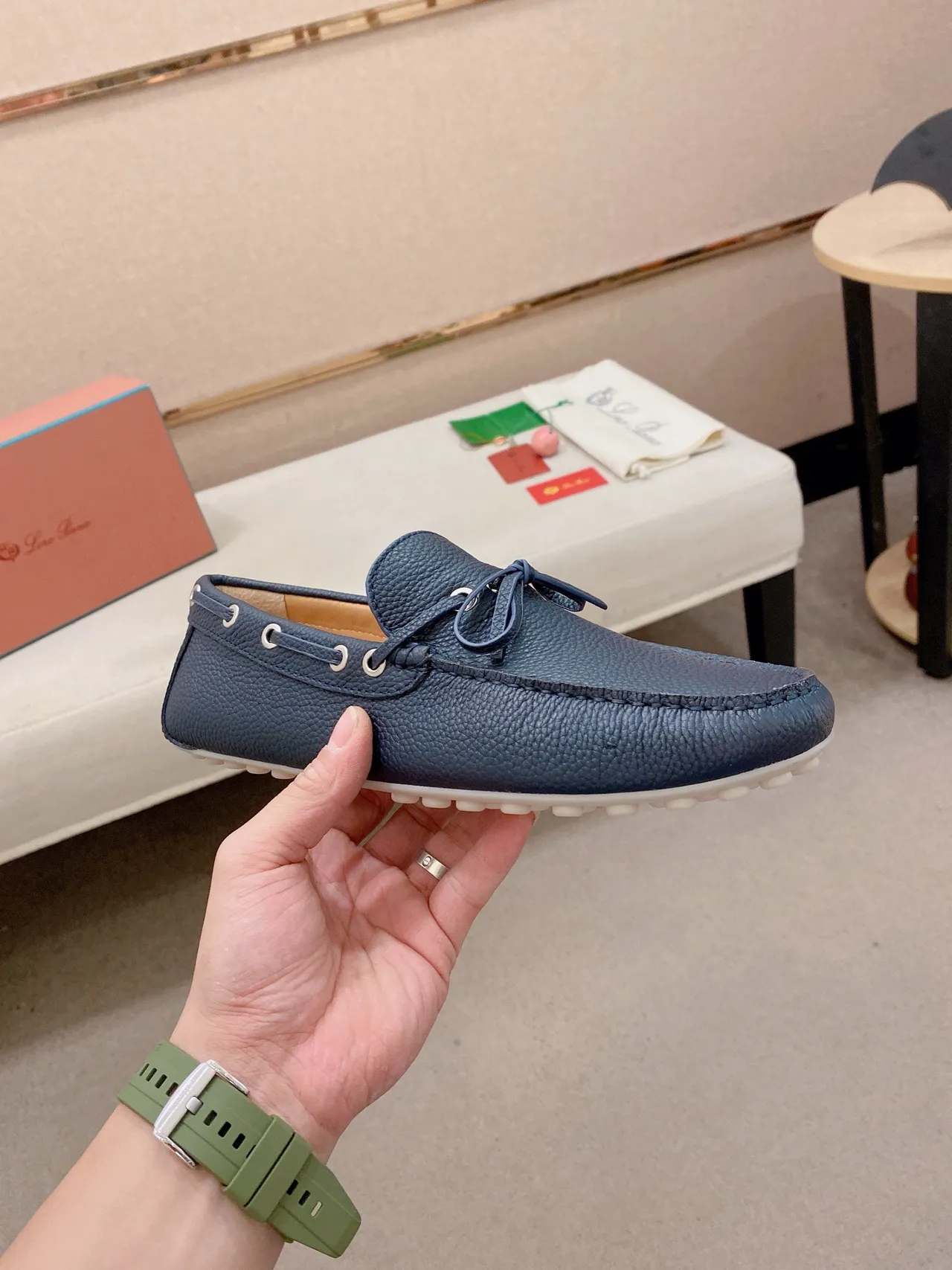Navy White Pebbled Leather Moc-Toe Construction Boat Shoes 4