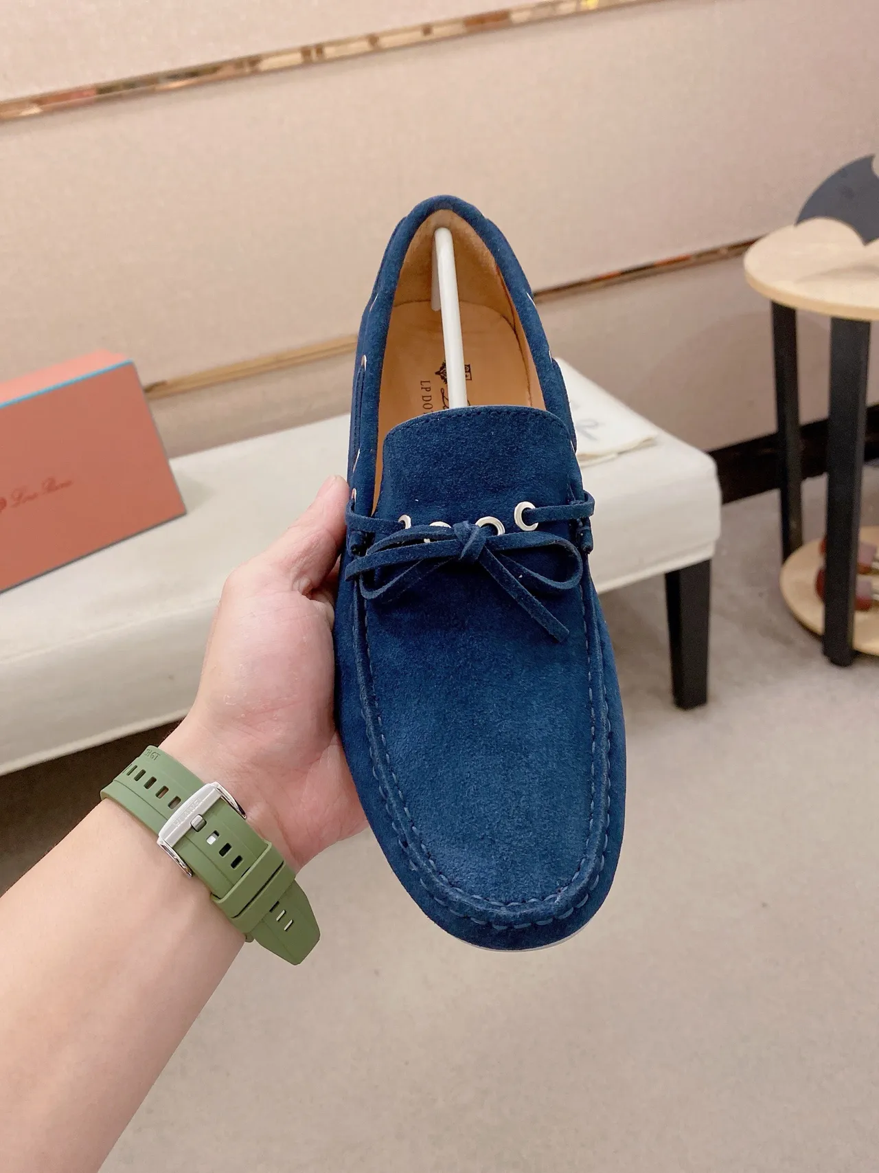 Navy White Suede Upper Moc-Toe Stitching Loafer 2