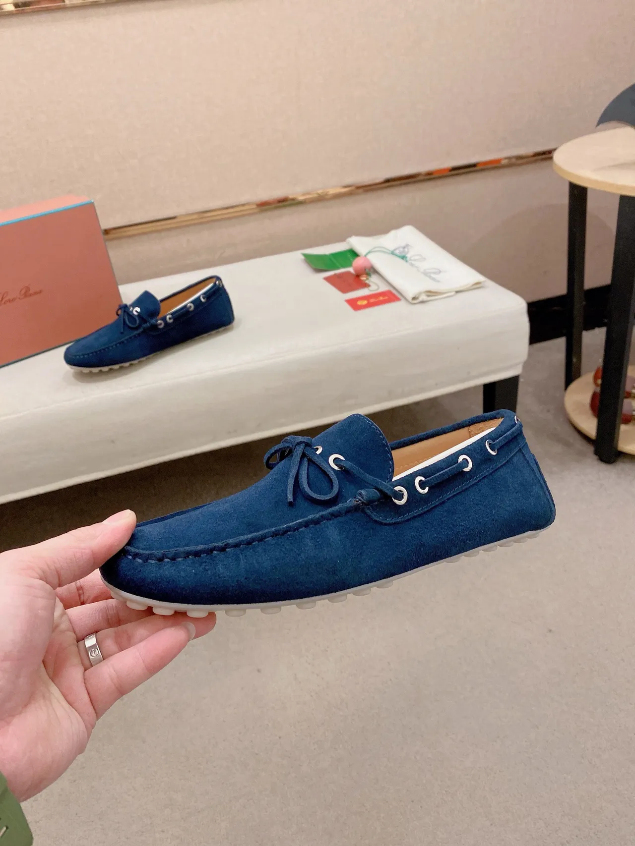 Navy White Suede Upper Moc-Toe Stitching Loafer 3
