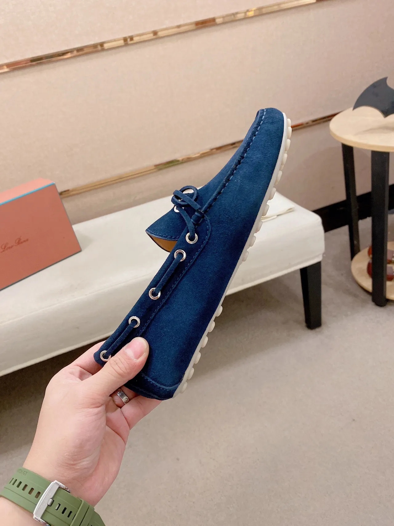 Navy White Suede Upper Moc-Toe Stitching Loafer 5