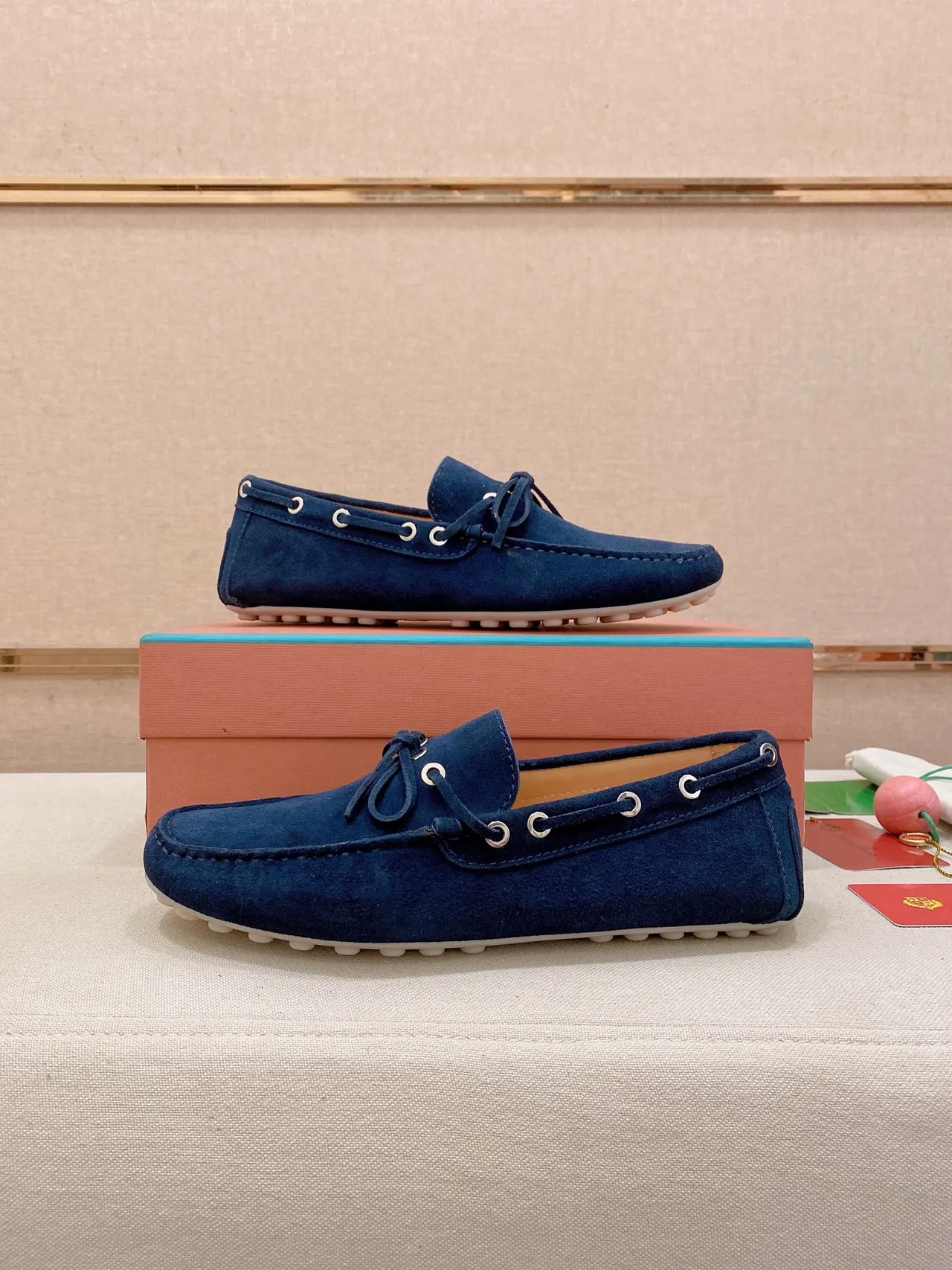 Navy White Suede Upper Moc-Toe Stitching Loafer 7