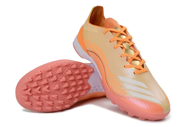 Sapatos de futebol laranja bege, low-cut, upper sintético, overlays de padrão de onda, para grama artificial 4