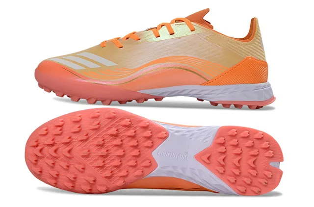 Sapatos de futebol laranja bege, low-cut, upper sintético, overlays de padrão de onda, para grama artificial 6
