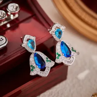 Ornate Leaf-Shape Teardrop Blue and Green Stone Earrings