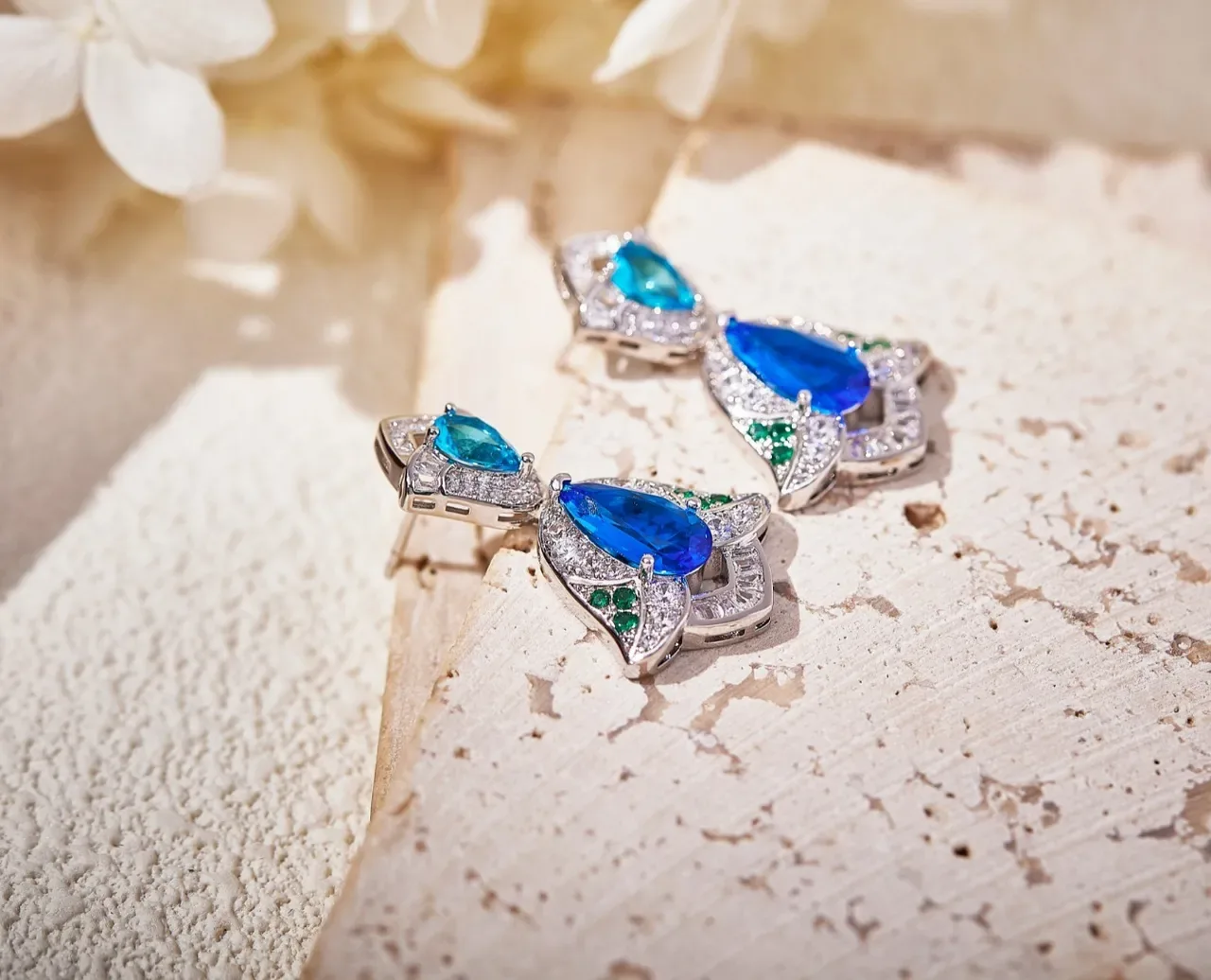 Ornate Leaf-Shape Teardrop Blue and Green Stone Earrings 2