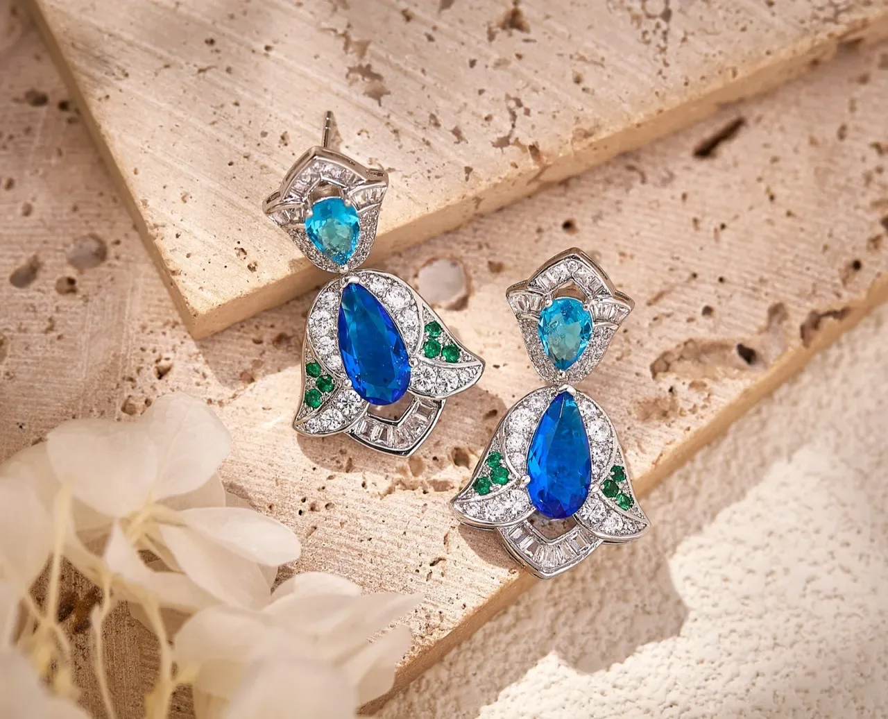 Ornate Leaf-Shape Teardrop Blue and Green Stone Earrings 4