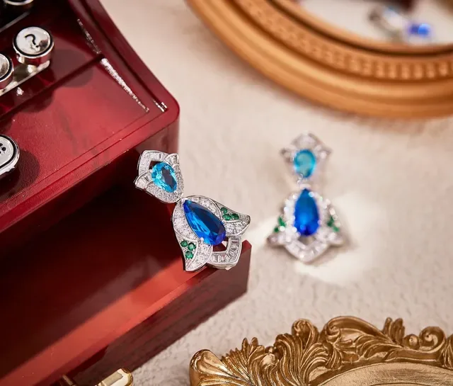 Ornate Leaf-Shape Teardrop Blue and Green Stone Earrings 5