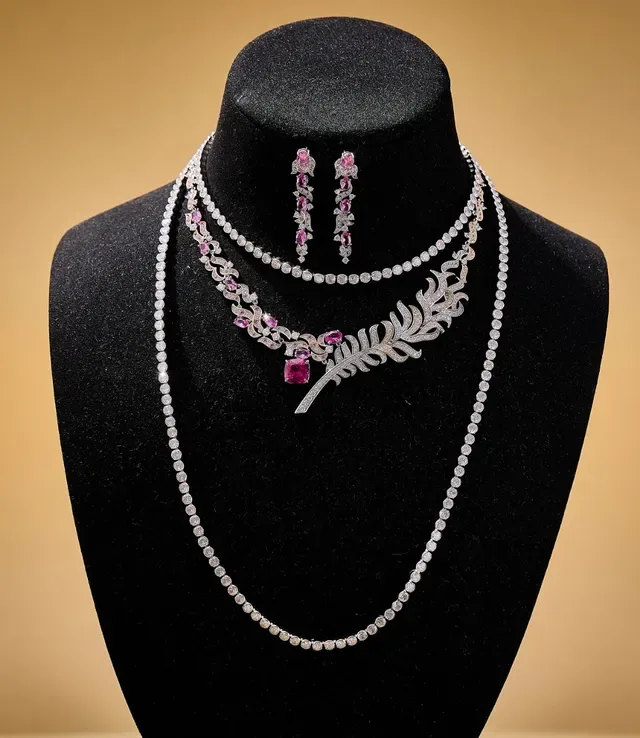 Ornate Multi-Tier Pink Gemstone and Pavé Earrings 2