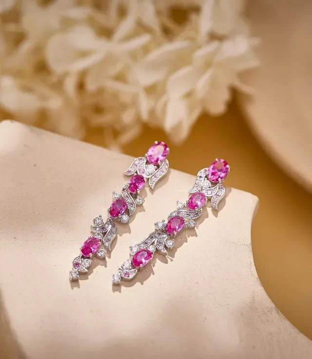 Ornate Multi-Tier Pink Gemstone and Pavé Earrings 3
