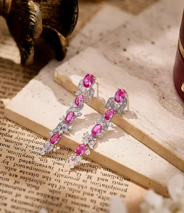 Ornate Multi-Tier Pink Gemstone and Pavé Earrings 4