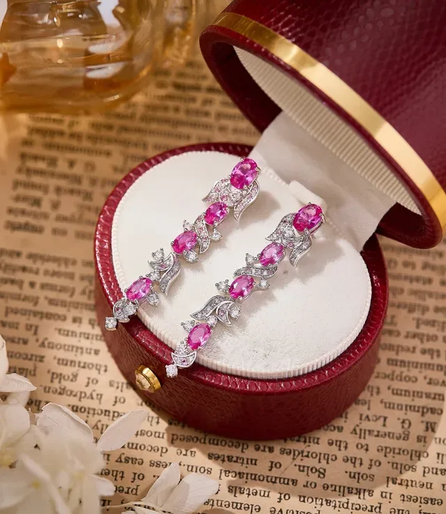 Ornate Multi-Tier Pink Gemstone and Pavé Earrings 6